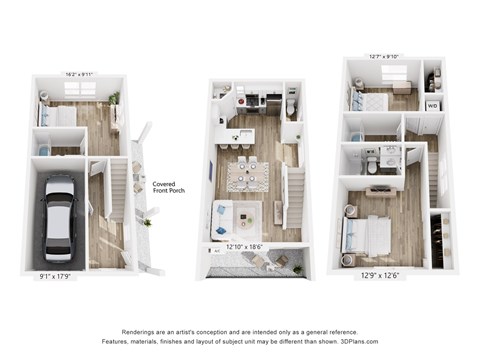 Floor plan for 3 beds, 3.5 baths, 1428 sqft